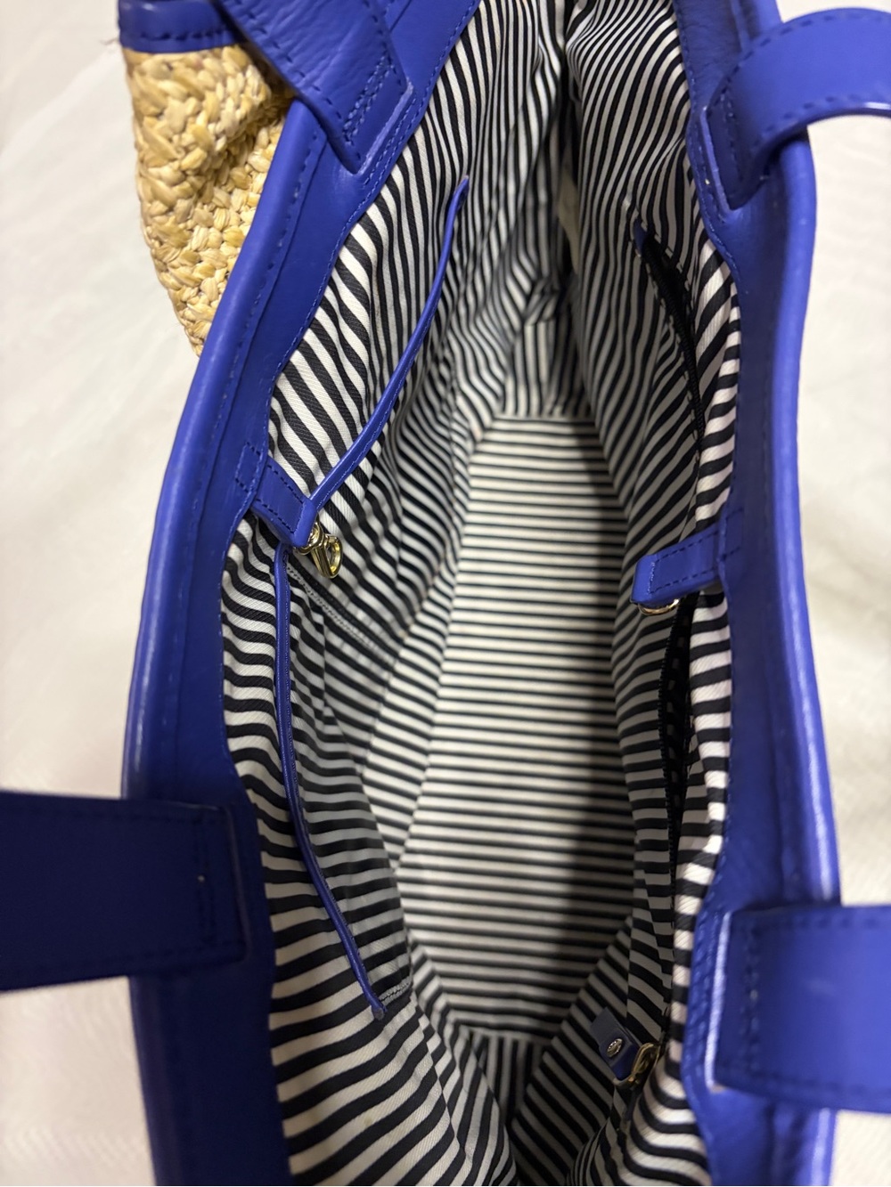 Kate Spade New York Straw Woven Tote Bag Blue Leather Trim Bow Accent - Picture 8 of 13